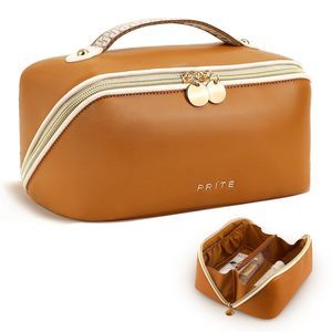 Makeup Bag For Women Travel Waterproof Vegan Leather Cosmetic Bag Open Flat💜